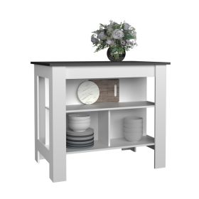 Delos Kitchen Island, kitchen table 35" H, Four Legs, Three Open Storage Shelves (Color: White / Matt Gray)