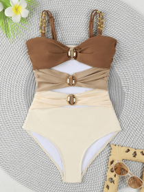 Women's one-piece patchwork color camisole swimsuit metal design (size: M)