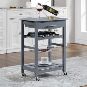 Mobile Rolling Kitchen Island Trolley Serving Cart with Underneath Drawer & Slide-Out Wire Storage Basket (Main Material: Marble+Metal, Main Color: Grey)